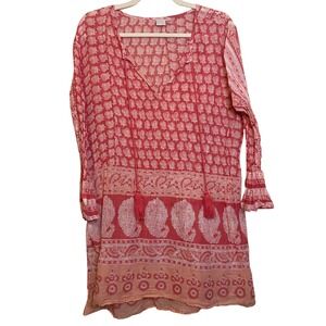 2CHIC Womens Pink Orange Paisley Elephant Cotton Tunic Bell Sleeve Boho Top M/L